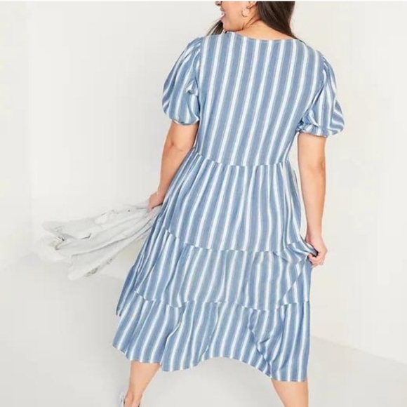 Old Navy Striped Puff Sleeve Tiered Cotton Pockets Button Front Dress Sz XXL - Picture 4 of 12